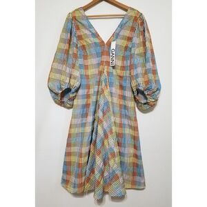 NWT GANNI Seersucker Check V-Neck Midi Dress Balloon Sleeve EU 38 (US 6/M) $265